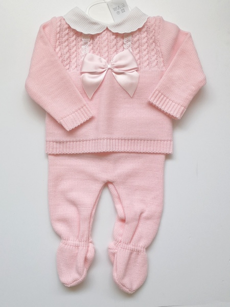 Pink Knitted Pram Suit with Satin Bow 1351