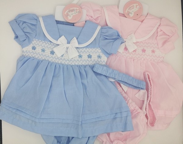 Pink & Blue Dress set with smock 06364