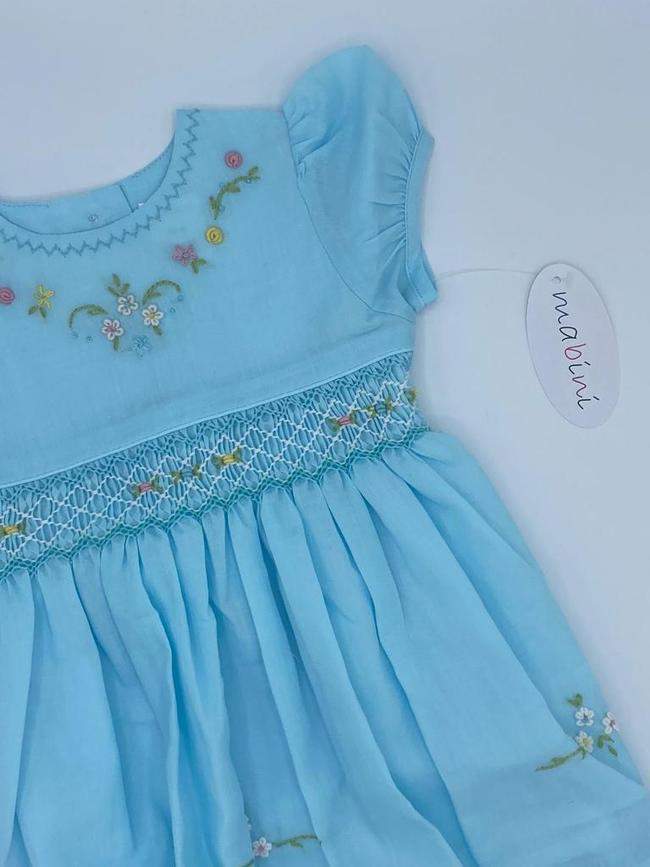 Smock Dress -Aqua with Embroidered Flowers