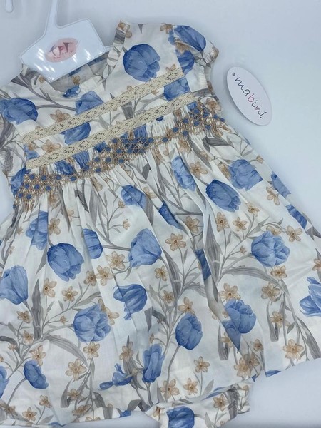 Smock Dress in Blue & Cream Flower Print