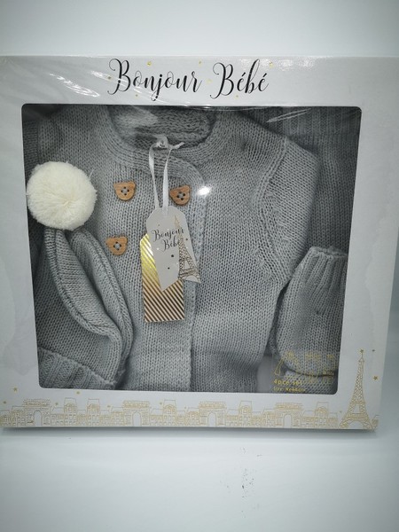 Boxed Knitted Grey Gift Set- Teddy Buttons W24206