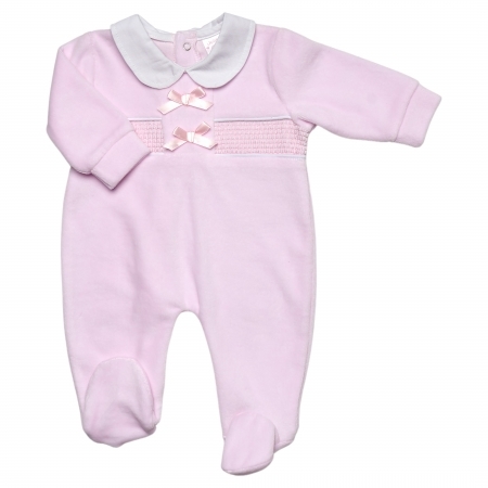 Pink Velour Babygrow Smock with Ribbons 9351
