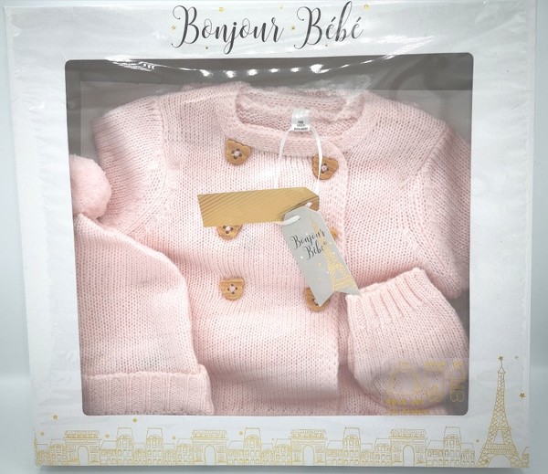 Boxed Knitted Pink Gift Set Teddy Buttons W24195