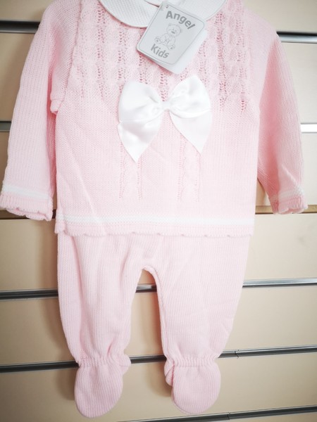 Pink Knitted Pram Suit with Satin Bow 1384