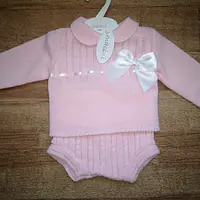 Knitted Blue 2pc Jam Pants set with White Satin bow 133