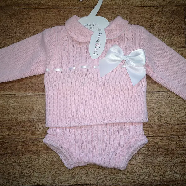 Knitted Blue 2pc Jam Pants set with White Satin bow 133