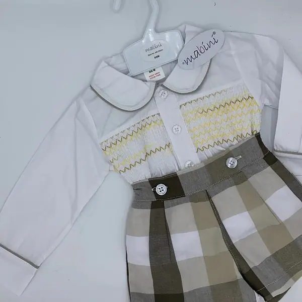 White & Cream Check Smock Shorts set 2602