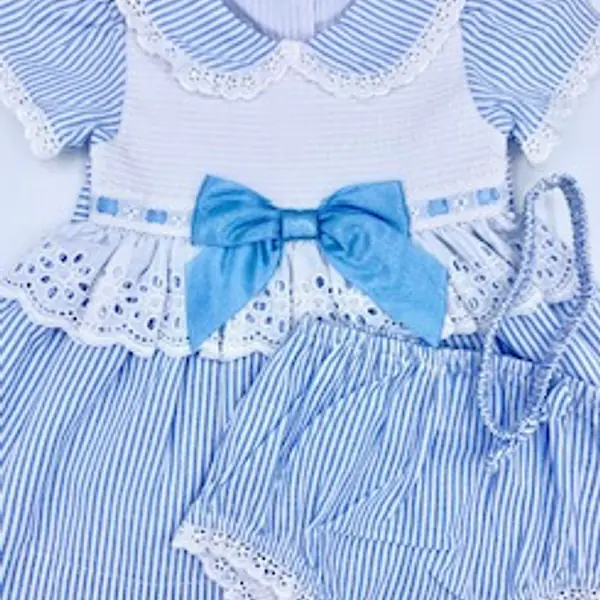 Striped Smock Dress set with Lace & Satin Bow 