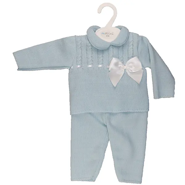 Blue Knitted Pram Suit with Bow & Cable Knit 622 
