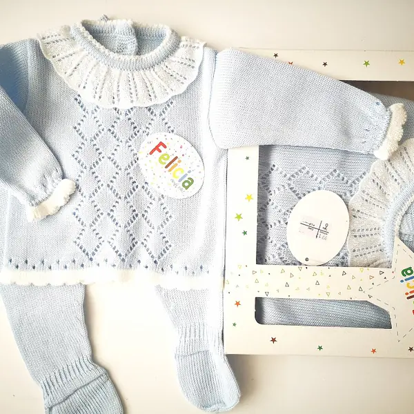 Boxed Spanish Knitted Set 9717-White & Aqua
